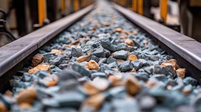 Close-up low-angle view down steel train tracks with blue-gray and tan ballast stones and blurred yellow posts, evoking motion and anticipation