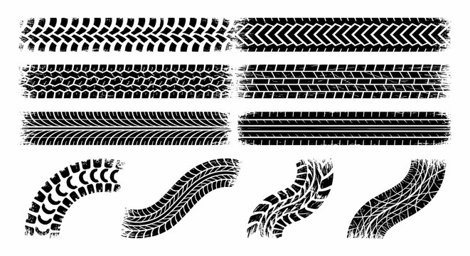 A collection of various vehicle tire treads shows different patterns printed on the road surface to help drivers identify the specific performance characteristics required for heavy truck