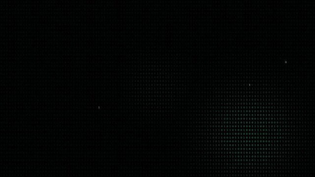 Dark binary code technology background with faint green digital data, ones and zeros on black, and a few highlighted digits, for cybersecurity and hacking themes