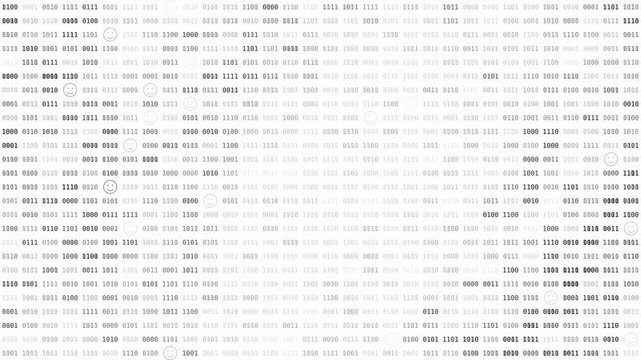 Light binary code technology background with grey digital data, ones and zeros on white, and hidden smiley faces scattered among the digits, for friendly AI themes