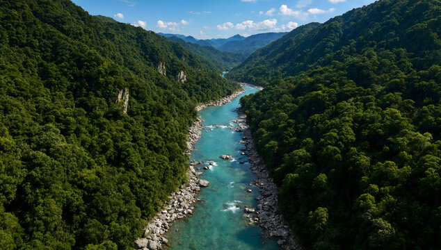 Aerial view of winding Sangu river flowing through lush green mountain valley in Bandarban Bangladesh