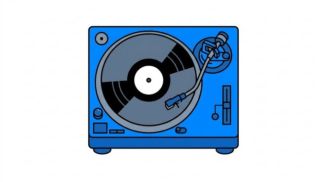 Turntable blue vintage illustration playing a vinyl record