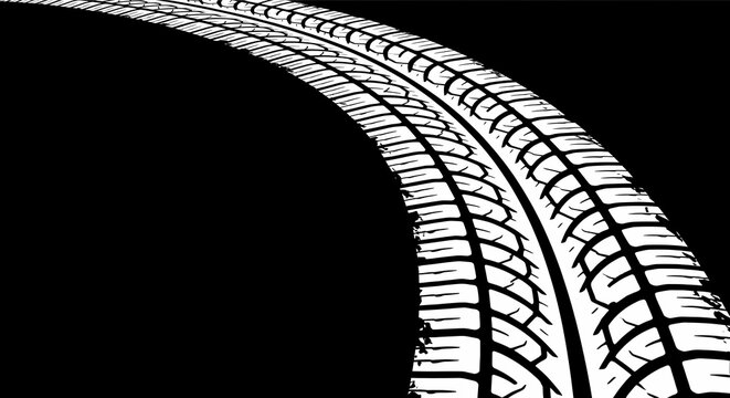 A sharp rubber tire tread mark curves dynamically across the dark road surface representing high speed travel and aggressive driving performance during a race where vehicle safety remains