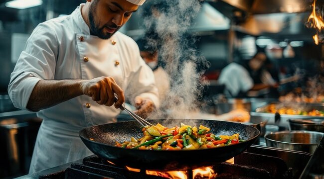 professional chef in white jacket stir-frying colorful vegetables in a flaming wok with steam in a busy restaurant kitchen, energetic focused cooking action