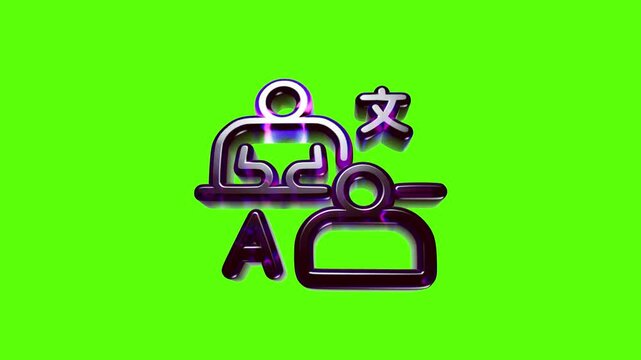 Purple metal icon of language translation representing two people talking with different text symbols