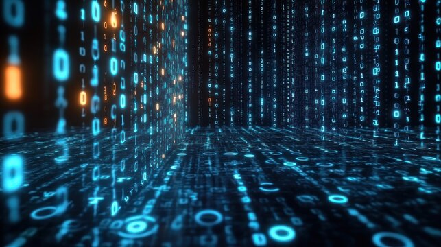 Immersive digital data room of glowing blue binary numbers on walls and floor with warm orange highlights, futuristic and mysterious atmosphere