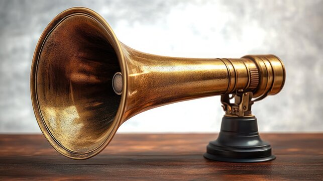 antique brass speaking trumpet on wooden table with dark metal base, close-up of polished horn evoking nostalgic vintage communication and timeless, evocative atmosphere