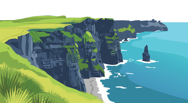 A digital vector illustration depicting the dramatic sea cliffs and rugged coastline scenery of Ireland, viewed from a high elevated perspective.