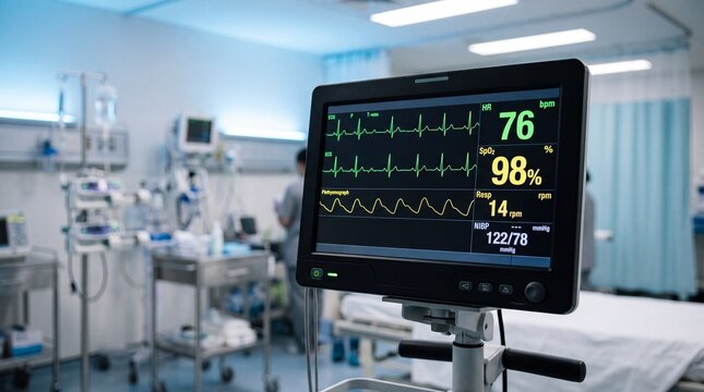 Close Up of Digital Electrocardiogram ECG Monitor Displaying Vital Heart Rhythms