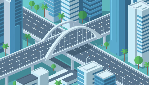Isometric view of a modern blue city with a large double arch highway bridge and beautiful highrise skyscrapers.