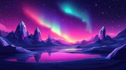 Fototapeta premium Dreamlike icy landscape with jagged crystalline peaks, calm reflective purple-pink lake, glowing turquoise and magenta aurora under a starry sky, serene and otherworldly mood