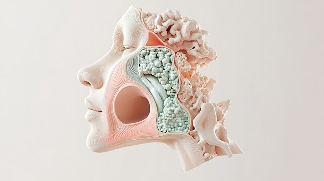 Human head anatomy sculpture showing brain and sinus cavities