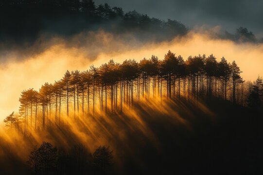 golden sunrise rays streaming through mist over a ridge of tall pine trees, casting long shadows and creating a dramatic, serene atmosphere