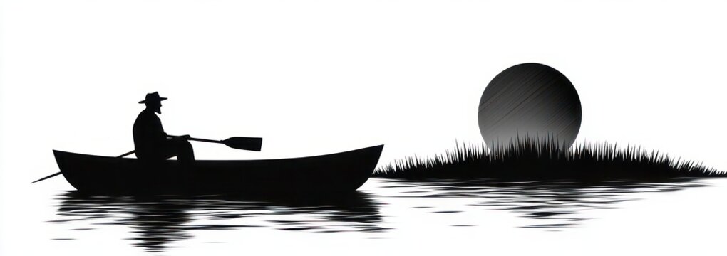 silhouette of a person rowing a small boat on calm reflective water toward a grassy shore with a low sun on the horizon, serene and contemplative mood
