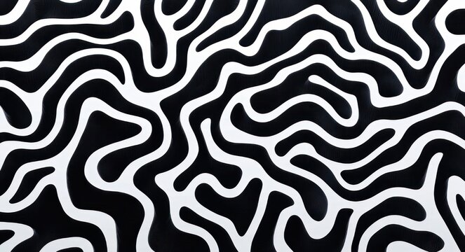 Hypnotic black and white abstract maze of undulating organic bands with layered cutout contours and high-contrast fluid shapes, calming and dynamic