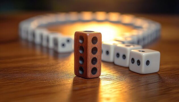upright wooden die on a polished wooden table surrounded by a curved line of white dice, warm backlight and soft bokeh evoking a cozy contemplative dramatic mood