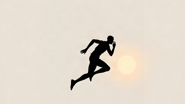 A minimalist human silhouette sprints toward a glowing light on the horizon.