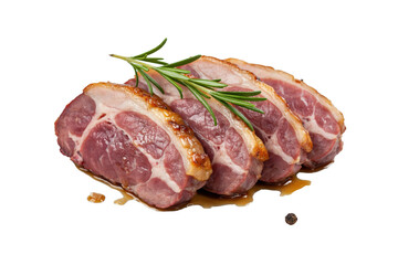 Obraz premium Four slices of raw pork neck meat garnished with fresh green rosemary sprigs on a white surface isolated on a transparent background