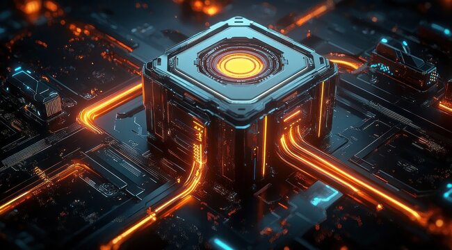 Pulsing glowing power core cube mounted on a dark metallic circuit board with bright orange neon traces and blue highlights, futuristic intense energy