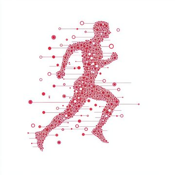 abstract red silhouette of a running person made of geometric dots and circles with motion lines conveying speed and energy