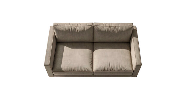 Overhead perspective of a neutral-toned loveseat with two cushions and square arms, isolated against a black backdrop