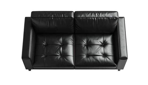 Overhead perspective of a black leather sofa with button tufting. The seating arrangement has a symmetrical, minimalist design with a dark background