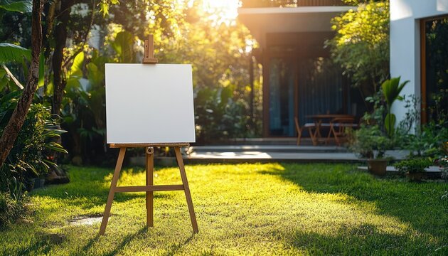 Blank canvas on wooden easel in a sunlit backyard garden by a patio with table and chairs, warm golden light evoking peaceful creative calm