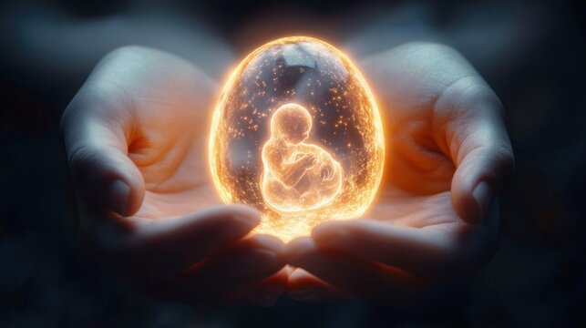 hands gently cupping a glowing translucent egg containing a luminous human fetus, evoking protection, wonder, and hope