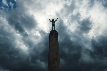 Obraz premium solitary human figure sculpture with arms raised atop a tall cylindrical column against dramatic stormy clouds, moody triumphant and defiant atmosphere
