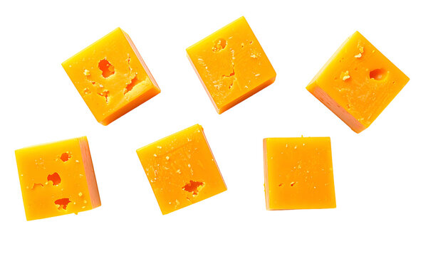 Overhead shot showing six golden-yellow cheddar cheese cubes against a stark black background. The cubes display distinct textures and various hole sizes