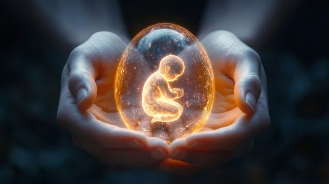 Cupped hands cradling a glowing golden egg with a luminous fetal silhouette inside, evoking protection, wonder and fragile new life