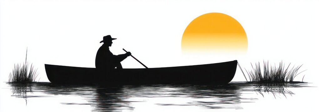 silhouette of a lone paddler in a canoe on calm reflective water at sunset with marsh reeds, evoking peaceful solitude and quiet contemplation