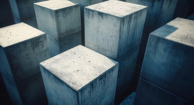 rows of large weathered concrete rectangular blocks casting deep shadows in a stark geometric pattern, cold austere and somber mood
