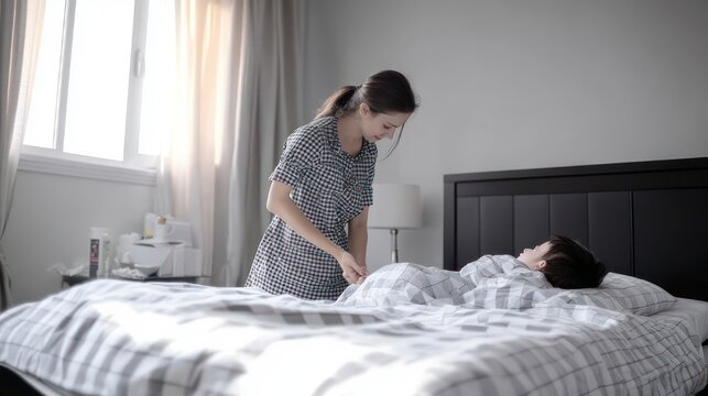 Concerned woman gently tucking and comforting a resting child on a checked duvet in a softly lit bedroom