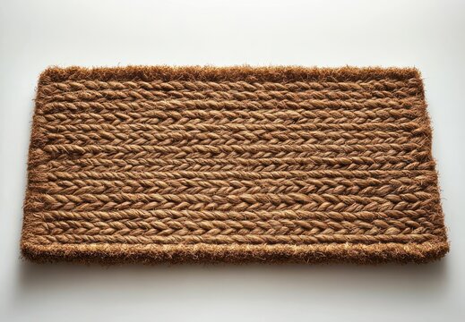 rectangular woven coir doormat with braided rope pattern on white background conveying rustic welcoming simplicity