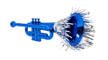 Shiny blue toy trumpet with silver fringe musical party horn for celebration and festive decoration transparent PNG isolated cutout for advertising... © creativestock