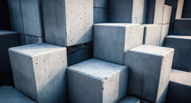 stacked concrete cubes and blocks creating a cold, austere minimalist geometric arrangement with deep shadows and rough texture