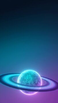 Glowing Alien Planet With Rings Rotating in Deep Space Nebula Background