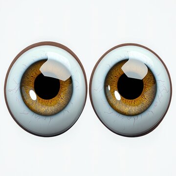 Two glossy detached realistic eyeballs with golden brown irises, dark pupils, visible red veins and bright reflections on a white background conveying a curious surprised expression