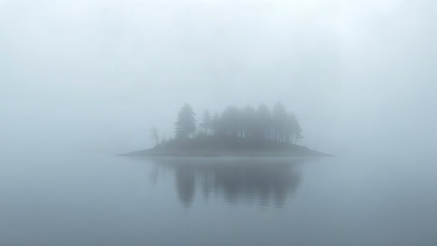 Small island in the center of a misty lake, shrouded in permanent fog.