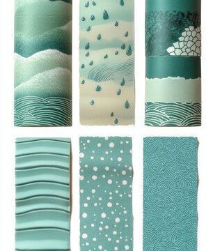 nine teal and seafoam patterned paper swatches in a three-by-three grid showing waves, raindrops, dotted bubbles, scalloped and ridged textures and coastal stone motifs, evoking calm serenity