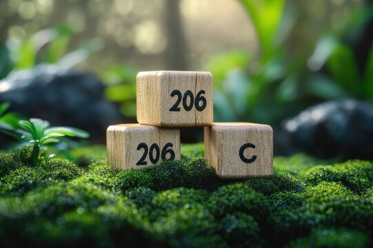 Three wooden cubes marked 206 and C resting on lush green moss with sunlit bokeh background, calm and peaceful forest close-up
