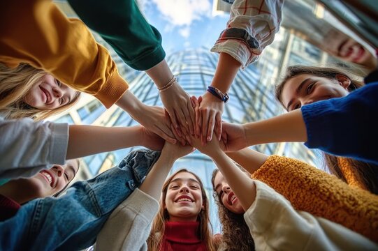 Smiling young adults in a circle stacking hands in a team huddle beneath a glass skyscraper, expressing unity, joy and teamwork