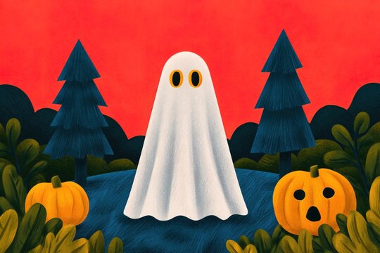 Spooky ghost stands in a pumpkin patch with colorful trees