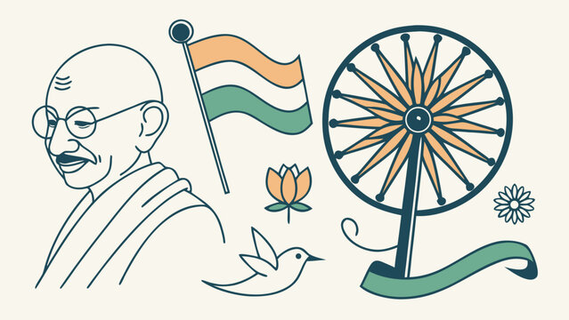 Gandhi Jayanti vector clipart set with Mahatma Gandhi portrait, Indian flag, spinning wheel charkha, lotus flower and peace dove.