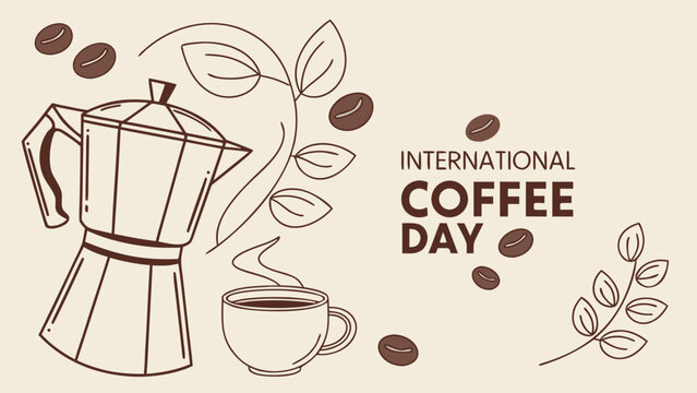 International Coffee Day vector banner layout with moka pot, coffee cup, beans and botanical leaves. Line art coffee background.