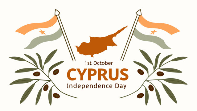 Cyprus Independence Day banner vector illustration with map silhouette, waving national flags and olive branches background.