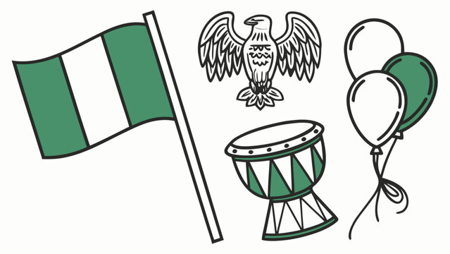 Nigeria Independence Day vector clipart set with waving national flag, djembe drum, eagle symbol and celebratory green balloons.