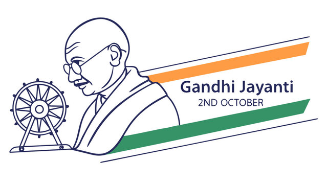Gandhi Jayanti vector banner with Mahatma Gandhi profile line art portrait, spinning wheel charkha and Indian flag stripes.