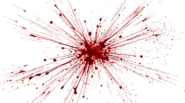 Vibrant red paint splash explosion scattering droplets across a clean white isolated background creating dynamic abstract shapes with sharp lines and high contrast artistic visual energy